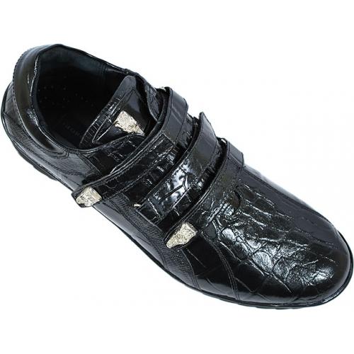 Giorgio Brutini Black Alligator Print Sneakers With Silver Alligator Ornaments On Tongue And Lace 200011